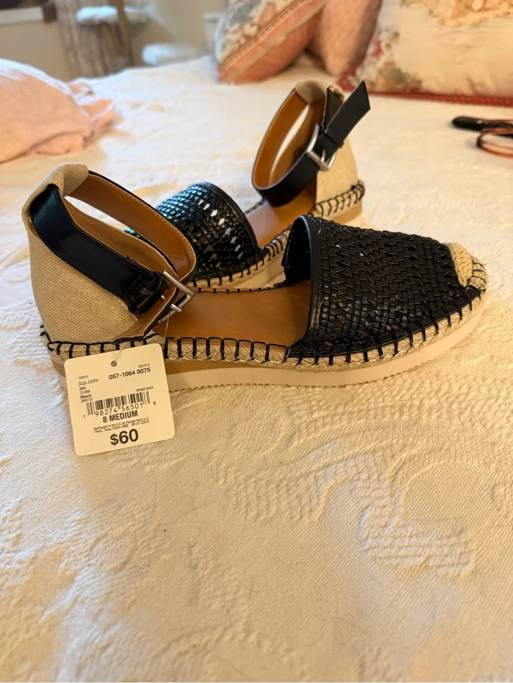 ana Black Woven Espadrille Flats with Ankle Strap